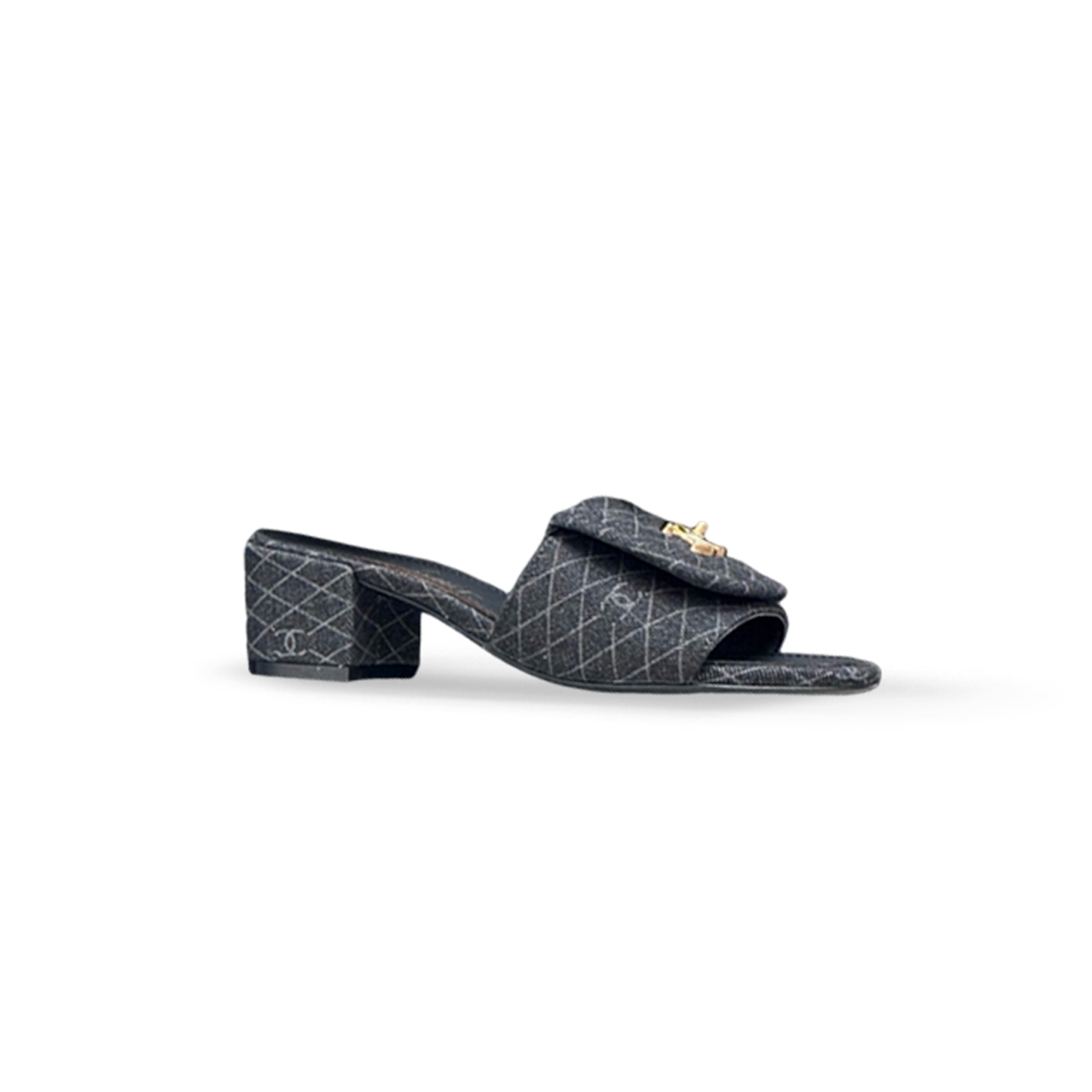 CHANEL DENIM QUILTED TURNLOCK SLIPPERS MULES 